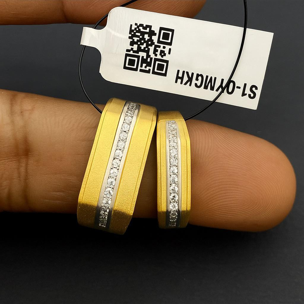 Matching Gold Wedding Band Rings with Diamond Strip (Pair)