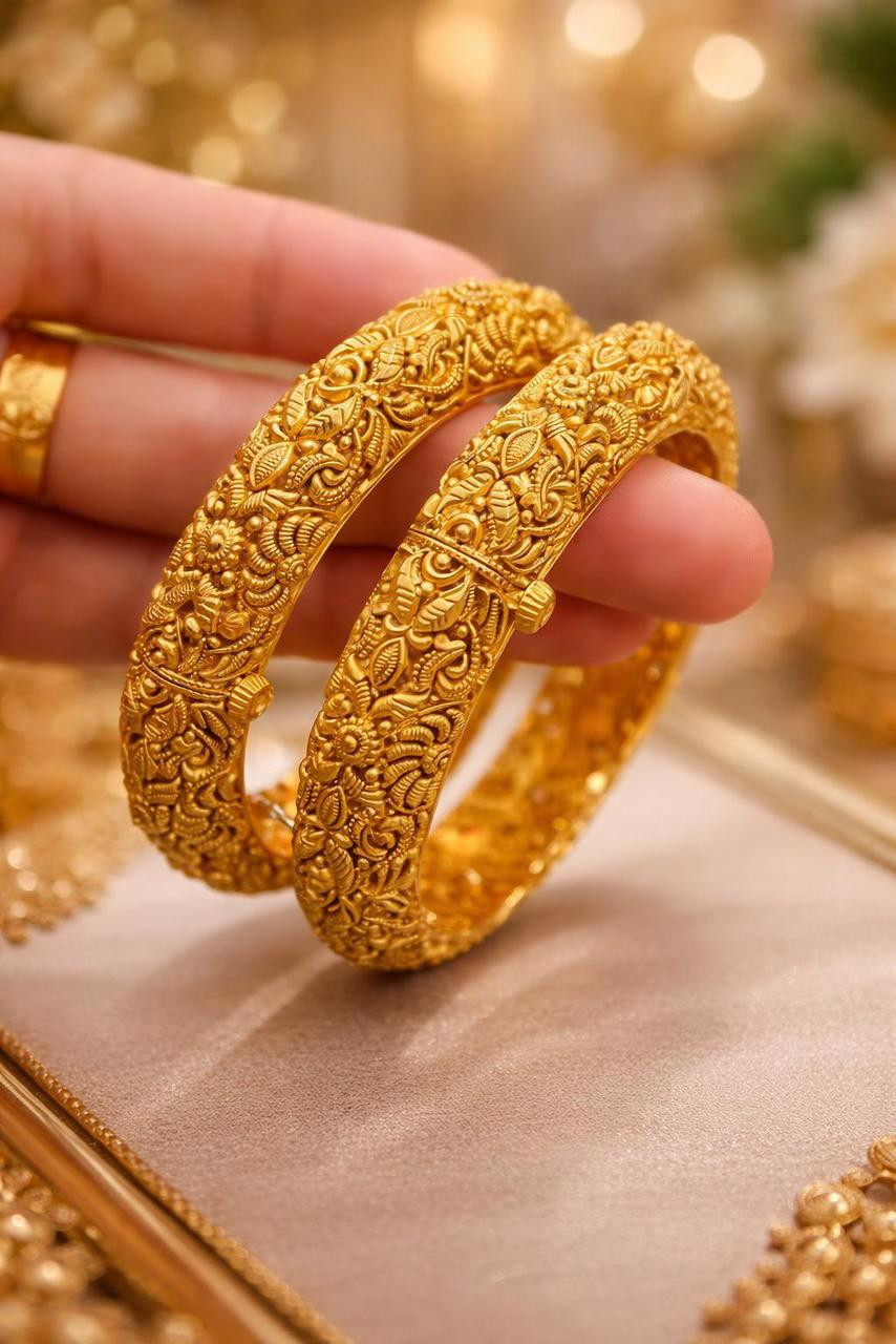 Handcrafted Floral Carved Gold Bangles (Pair)